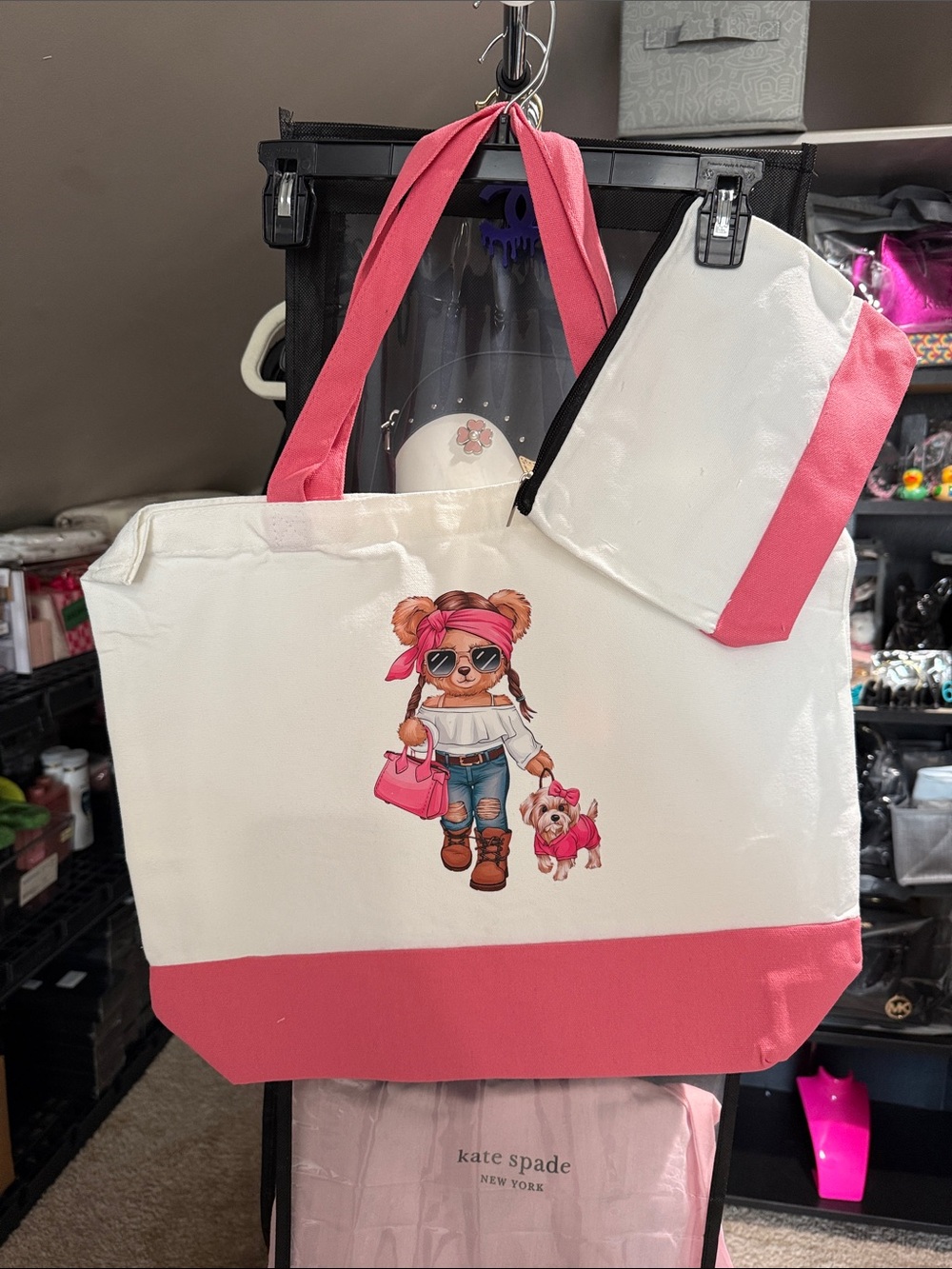 White & Pink Canvas Tote with Cute Dog Graphic